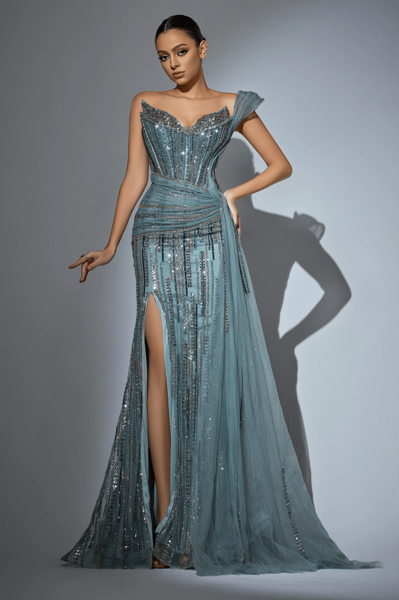 green beaded maxi dress Sage Glitter with High Slit and Floral Detailing – Embellished Gown with Sheer Tulle Train Plus Size Size 2 / Sage Green flower girl in stock Gowns Elegant and opulent Princess Tiana Inspired Dress: Color:N190