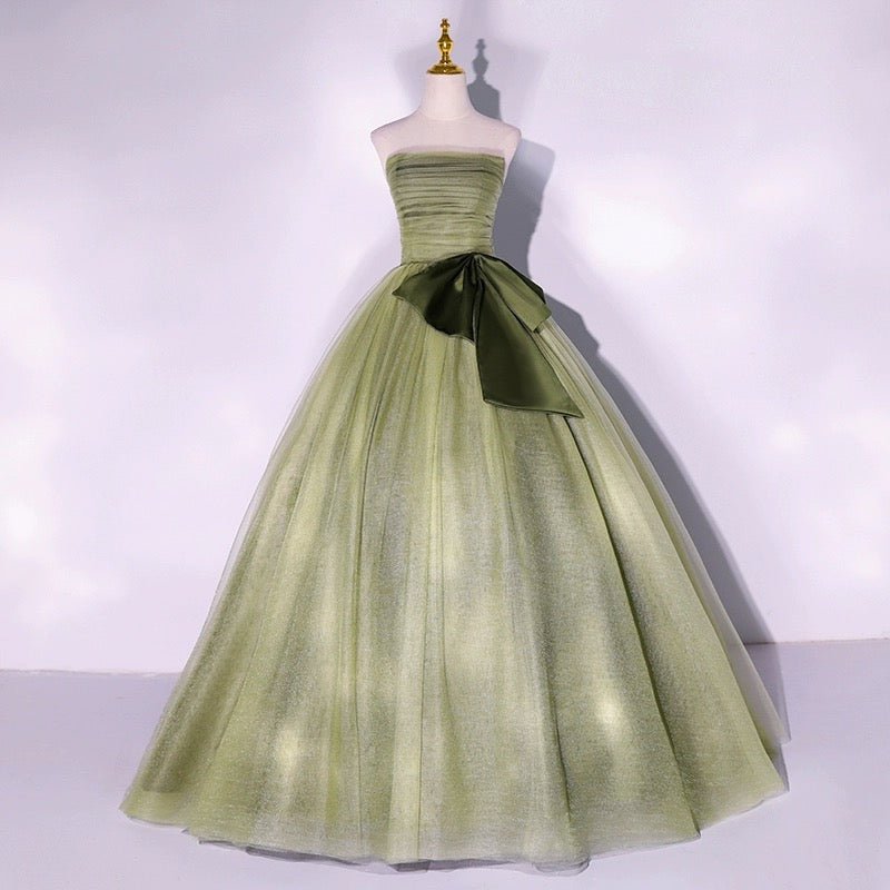 Sage Green Strapless Wedding Dress with Satin Bow Detail
