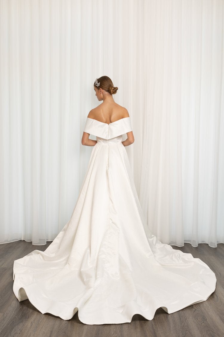 Satin Off-Shoulder A-Line Bridal Gown With Hidden High Slit Plus Size - LUCIA - WonderlandByLilian