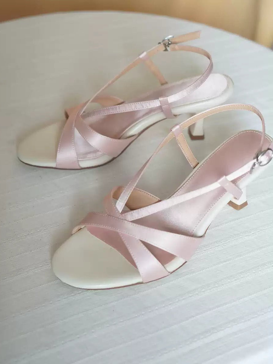 Satin Strappy Kitten Heels - Vintage Inspired Sandals - WonderlandByLilian