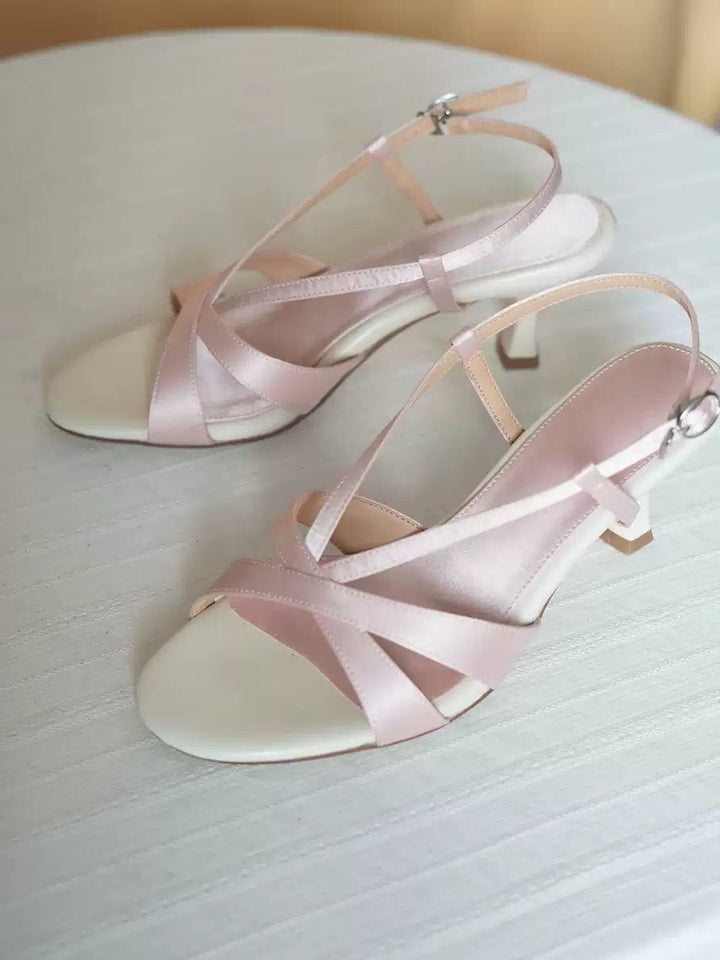Satin Strappy Kitten Heels - Vintage Inspired Sandals - WonderlandByLilian