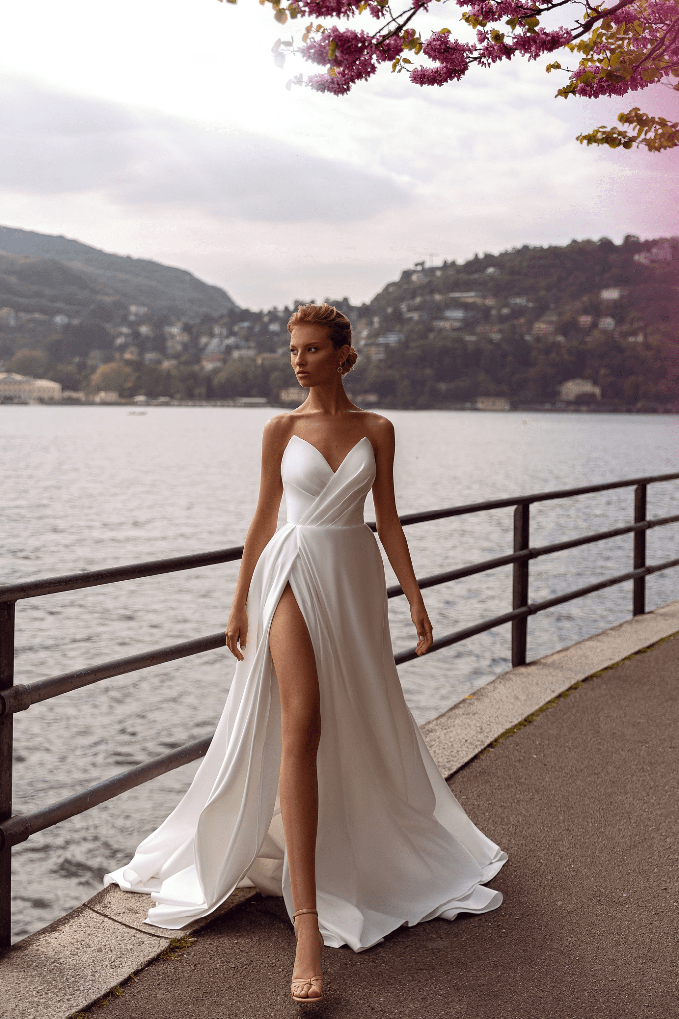 Satin Wedding Dress with High Slit - Elegant Corset Bridal Gown - Mode ...