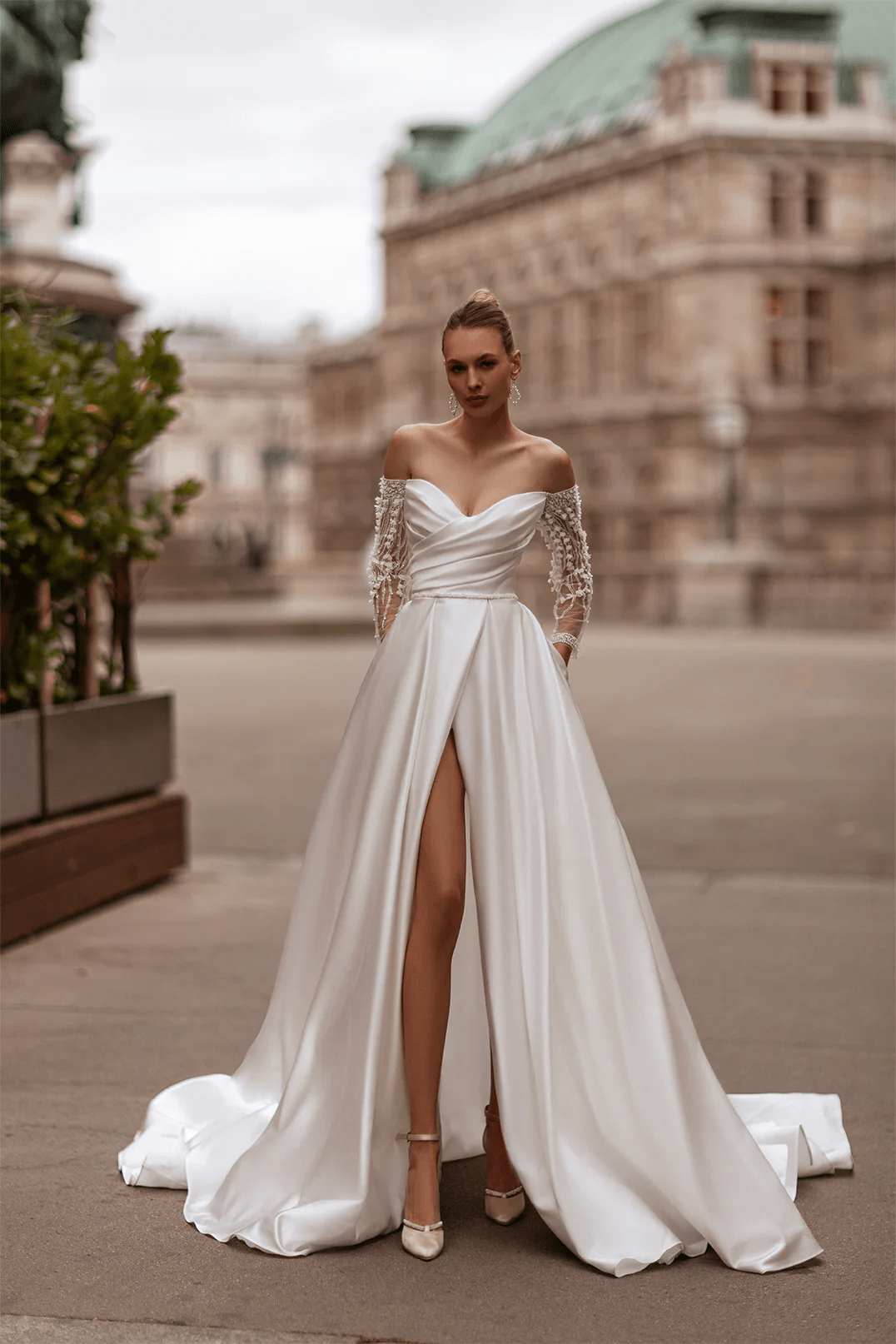 bridal dress off shoulder Satin Wedding Dress with Off Shoulder Long Sleeves – Sweetheart Neckline Bridal Gown with High Slit and Pearl Floret Details Plus Size Size 12