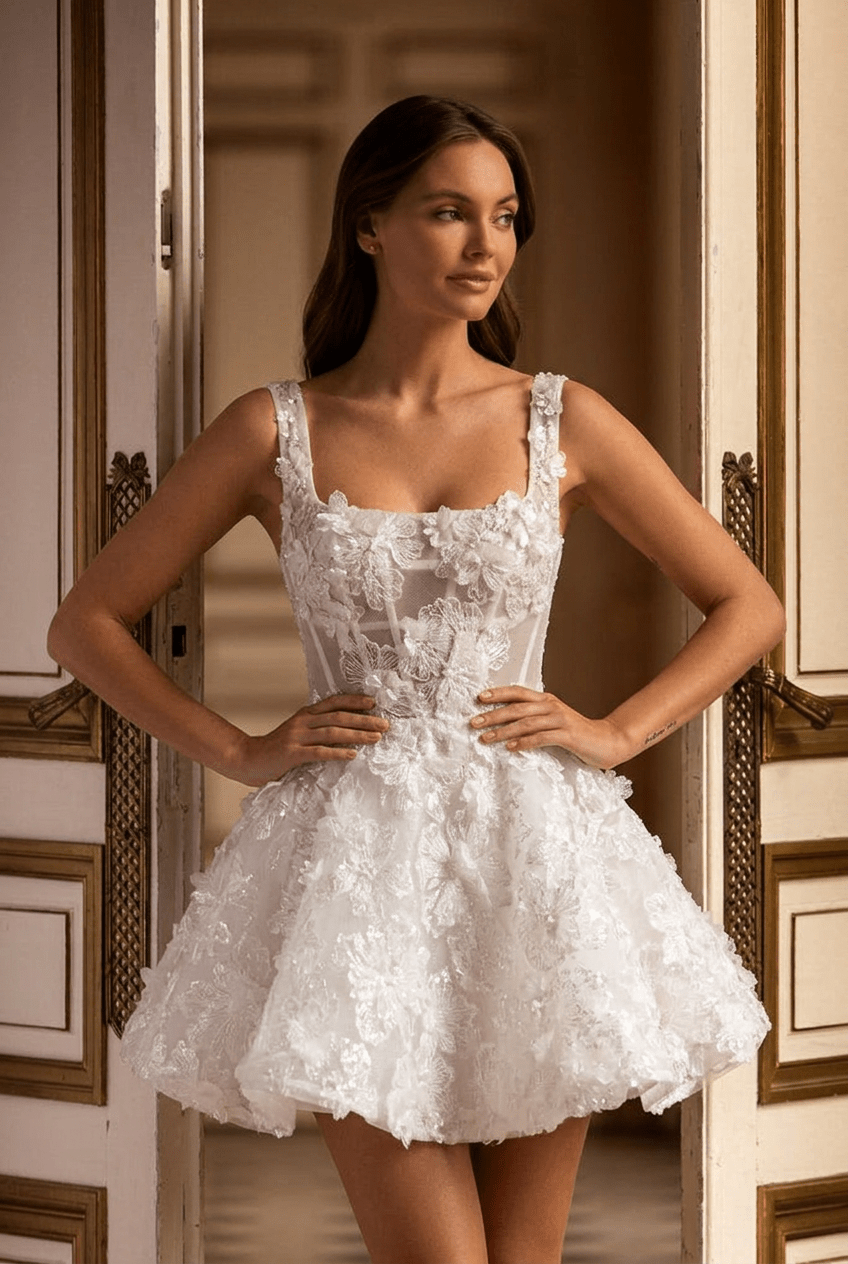 short white wedding dresses plus size Short Floral Appliqué Wedding Dress with Corset Bodice and Straps – Br – WonderlandByLilian