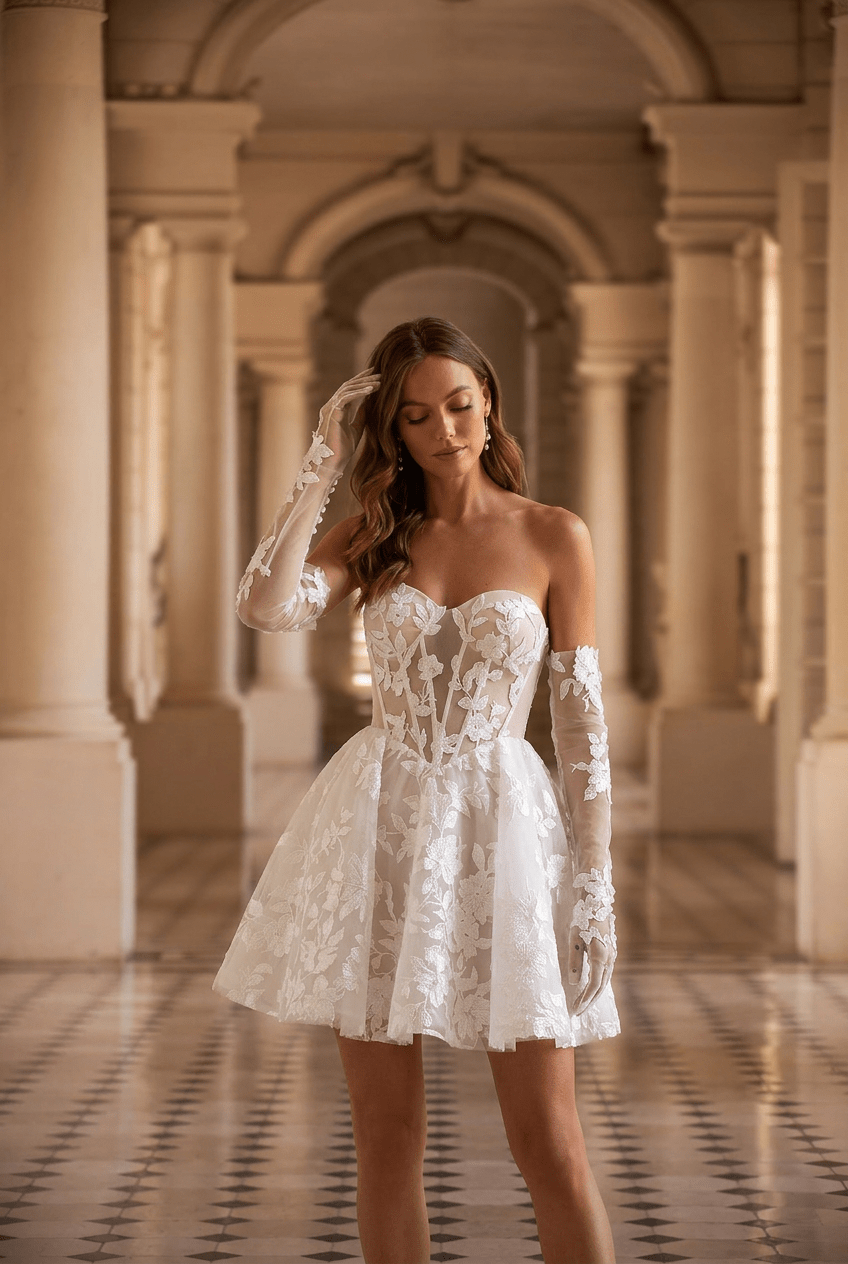 short lace wedding dresses Short Floral Lace Wedding Dress with Corset Bodice and Convertible Sleeves – Strapless Wedding Dress Plus Size