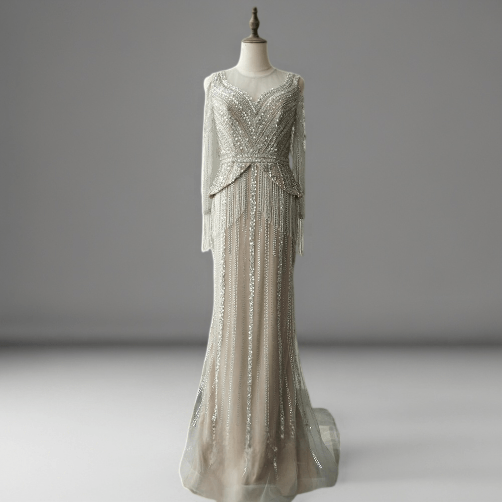 slim fit dress slacks Silver Grey Beaded Long Sleeve Evening Dress and Pretty Sequin Dress
