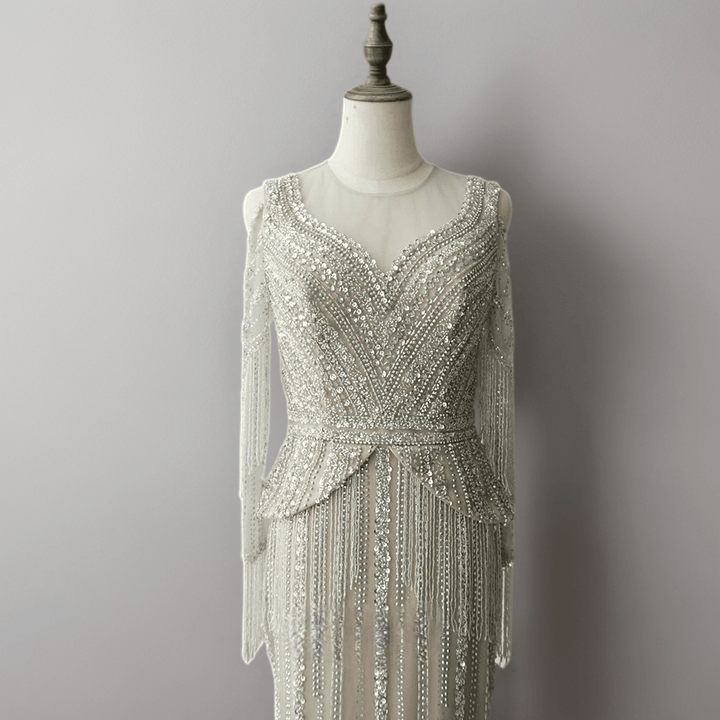 Silver Grey Beaded Long Sleeve Evening Dress and Pretty Sequin Dress - Elegant Tulle Formal Gown Plus Size - WonderlandByLilian