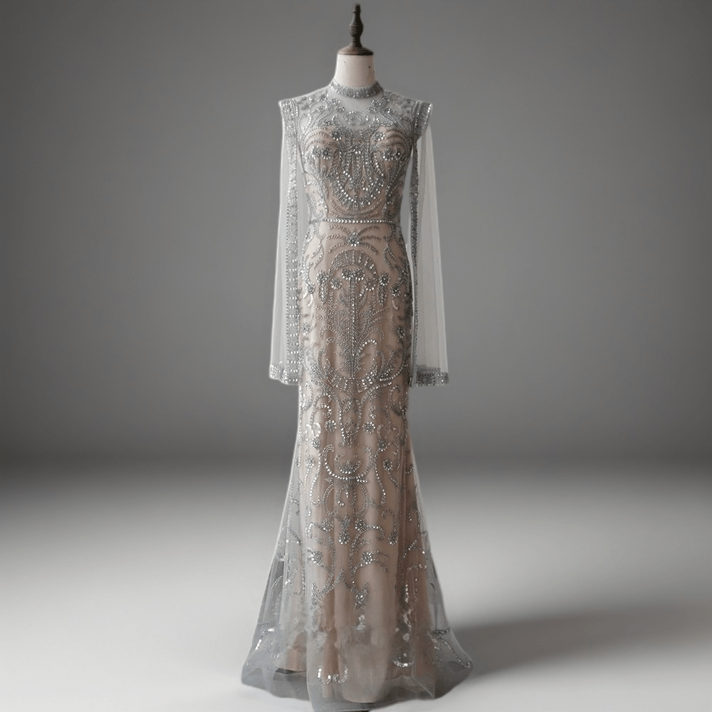 Silver Grey Embellished Long Sleeve Dress - Pretty Sequin Dress - Elegant Beaded High Neck Evening Gown Plus Size Size 8 / Champagne Silver Grey Embellished Long Sleeve Dress - Pretty Sequin Dress - Elegant Beaded High Neck Evening Gown Plus Size Size 8 / Champagne