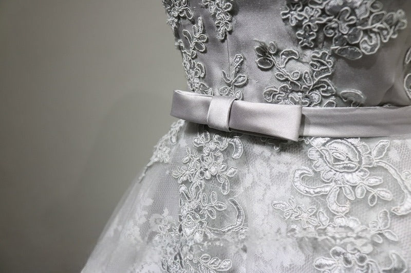 Silver Grey Floral Off-Shoulder Wedding Party Dress - Embroidered Satin and Tulle Dress - Elegant Corset Bridal Gown Plus Size - WonderlandByLilian