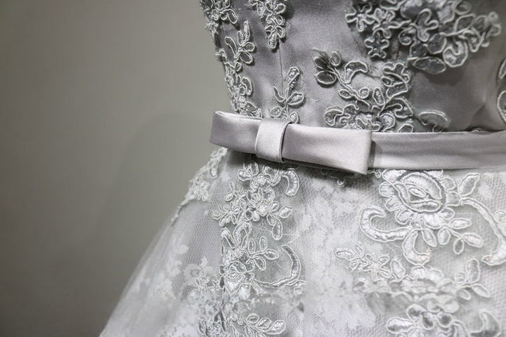 Silver Grey Floral Off-Shoulder Wedding Party Dress - Embroidered Satin and Tulle Dress - Elegant Corset Bridal Gown Plus Size - WonderlandByLilian