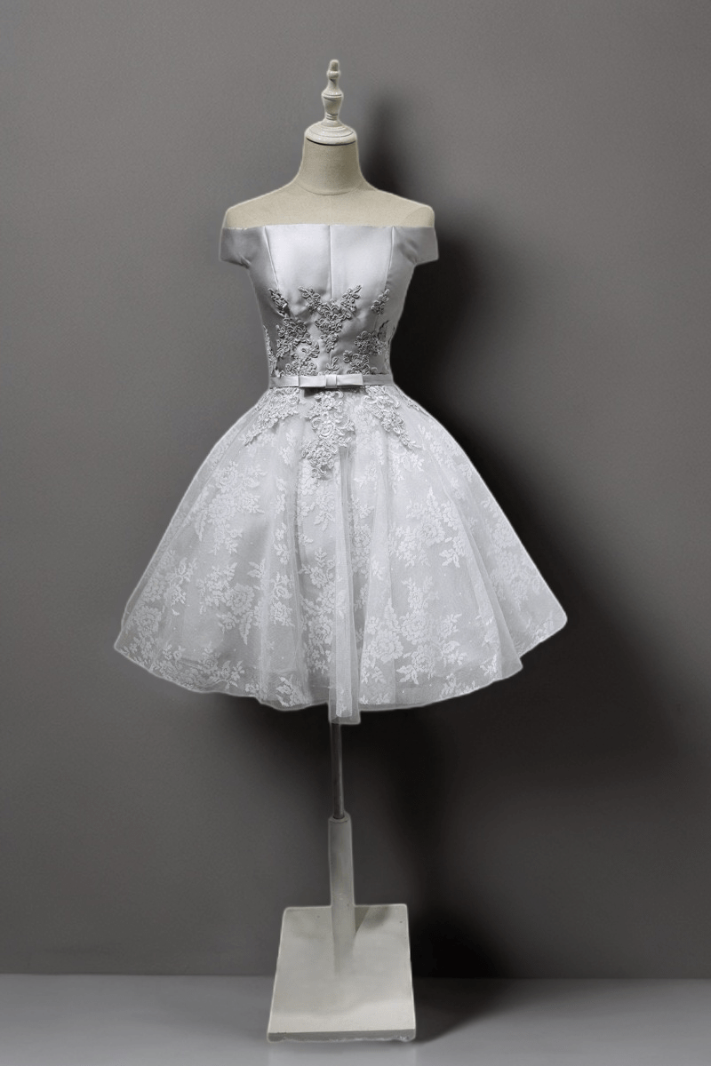 Silver Grey Floral Off-Shoulder Midi Wedding Party Dress - Embroidered Satin and Tulle Dress - Elegant Corset Bridal Gown Plus Size Size 6 / Silver Silver Grey Floral Off-Shoulder Midi Wedding Party Dress - Embroidered Satin and Tulle Dress - Elegant Corset Bridal Gown Plus Size Size 6 / Silver