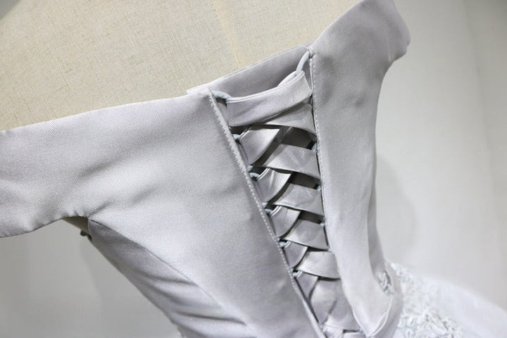 Silver Grey Floral Off-Shoulder Wedding Party Dress - Embroidered Satin and Tulle Dress - Elegant Corset Bridal Gown Plus Size - WonderlandByLilian