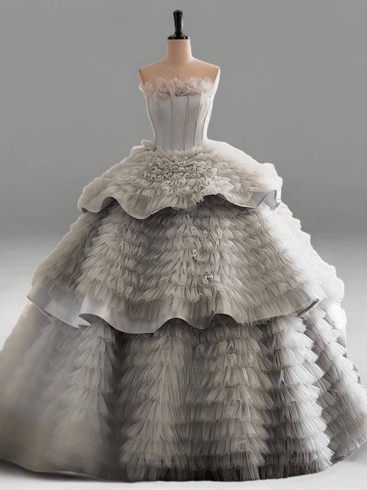 Silver Grey Layered Tulle Party Dress