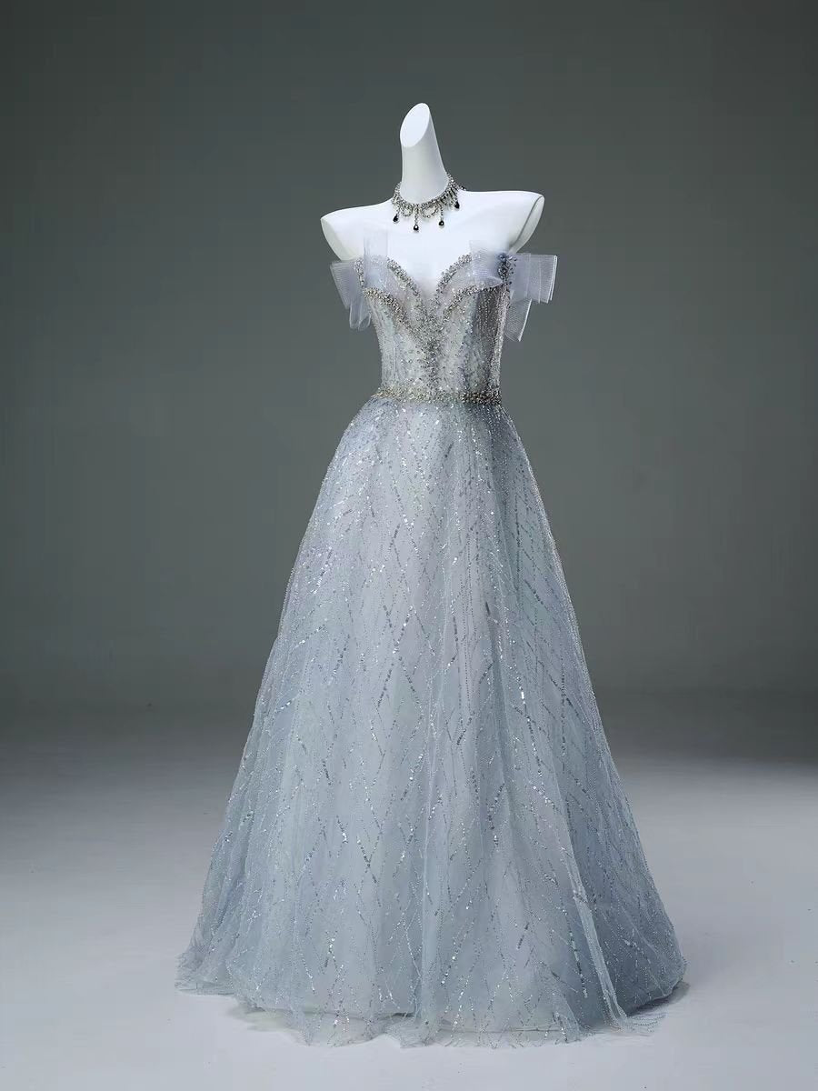 Silver Whimsical Fairy Inspired Off-the-Shoulder Glittering Evening Gown