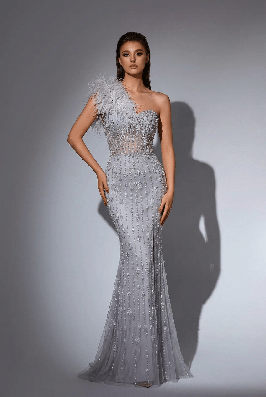 Silver Sequin and Feather Dress – One Shoulder Embellished Gown with Slit Plus Size