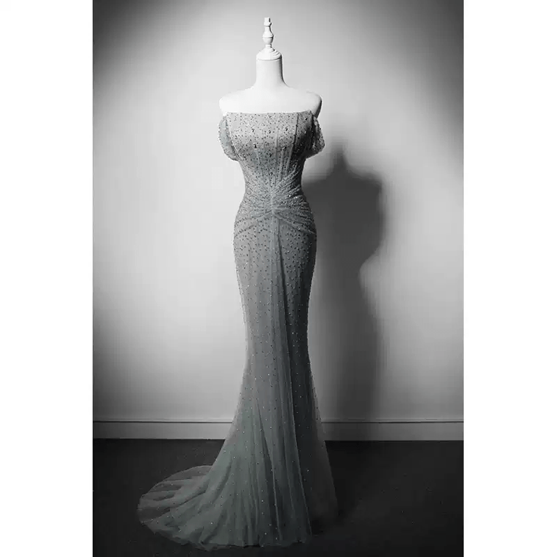 silver sequin off the shoulder dress Silver Sequin Evening Gown with Off-Shoulder Sleeves