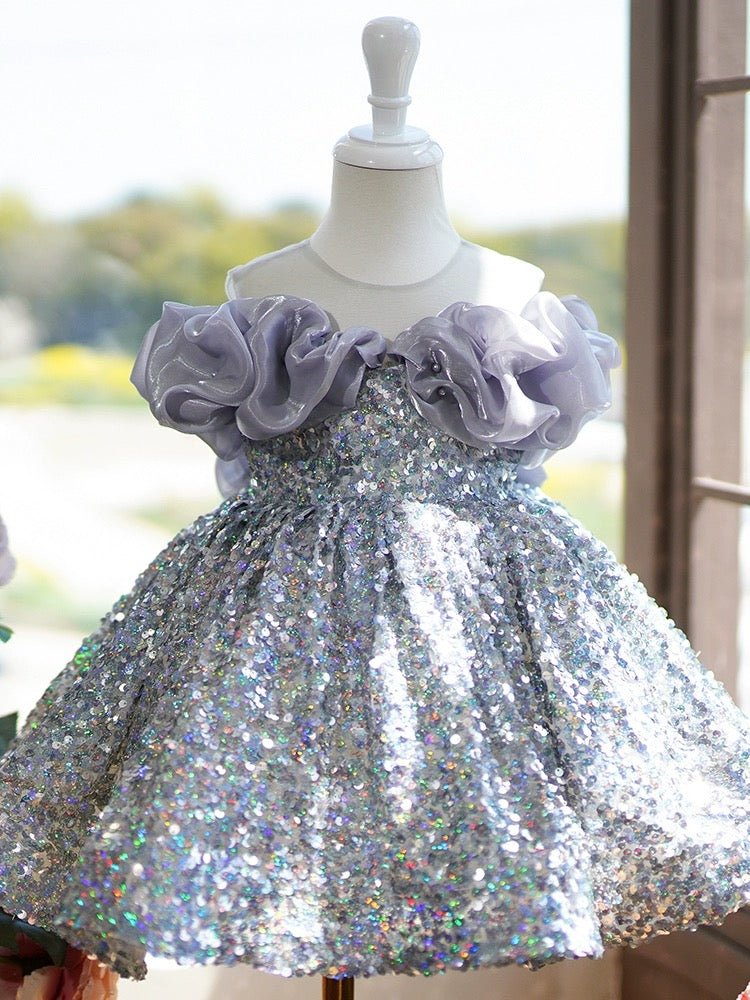 ladies silver sequin dress Silver Sequined Flower Girl Dress with Lavender Ruffle Shoulders Plus Size