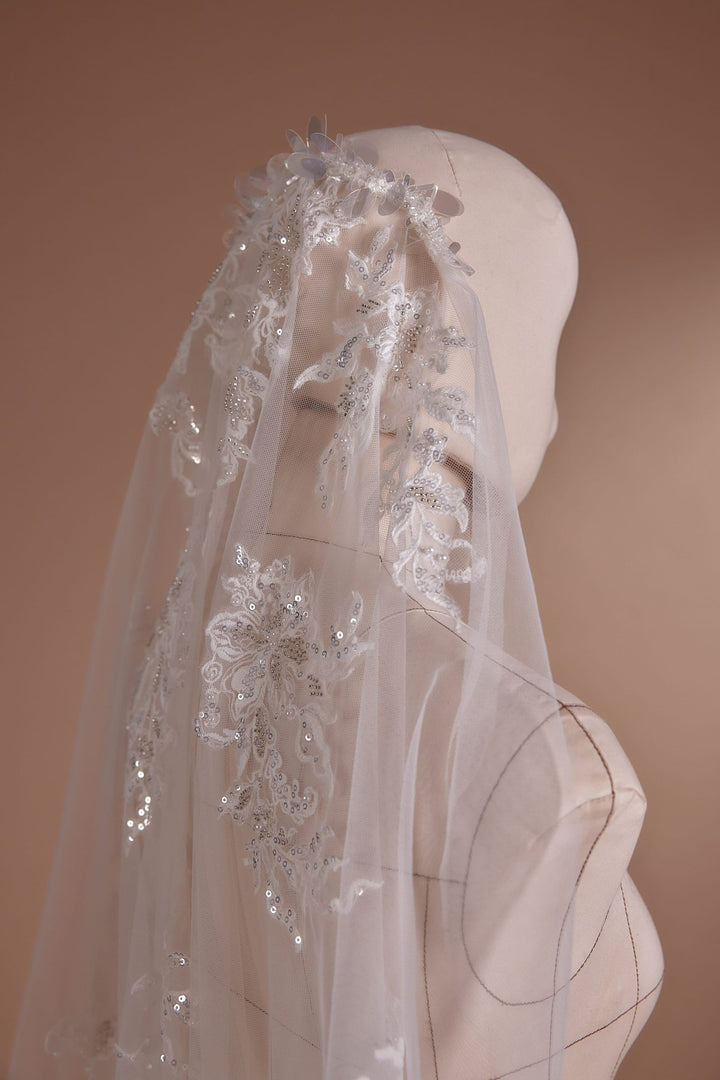 Sparkling Floral Embroidered Cathedral Veil with Crystal Drops Plus Size - WonderlandByLilian