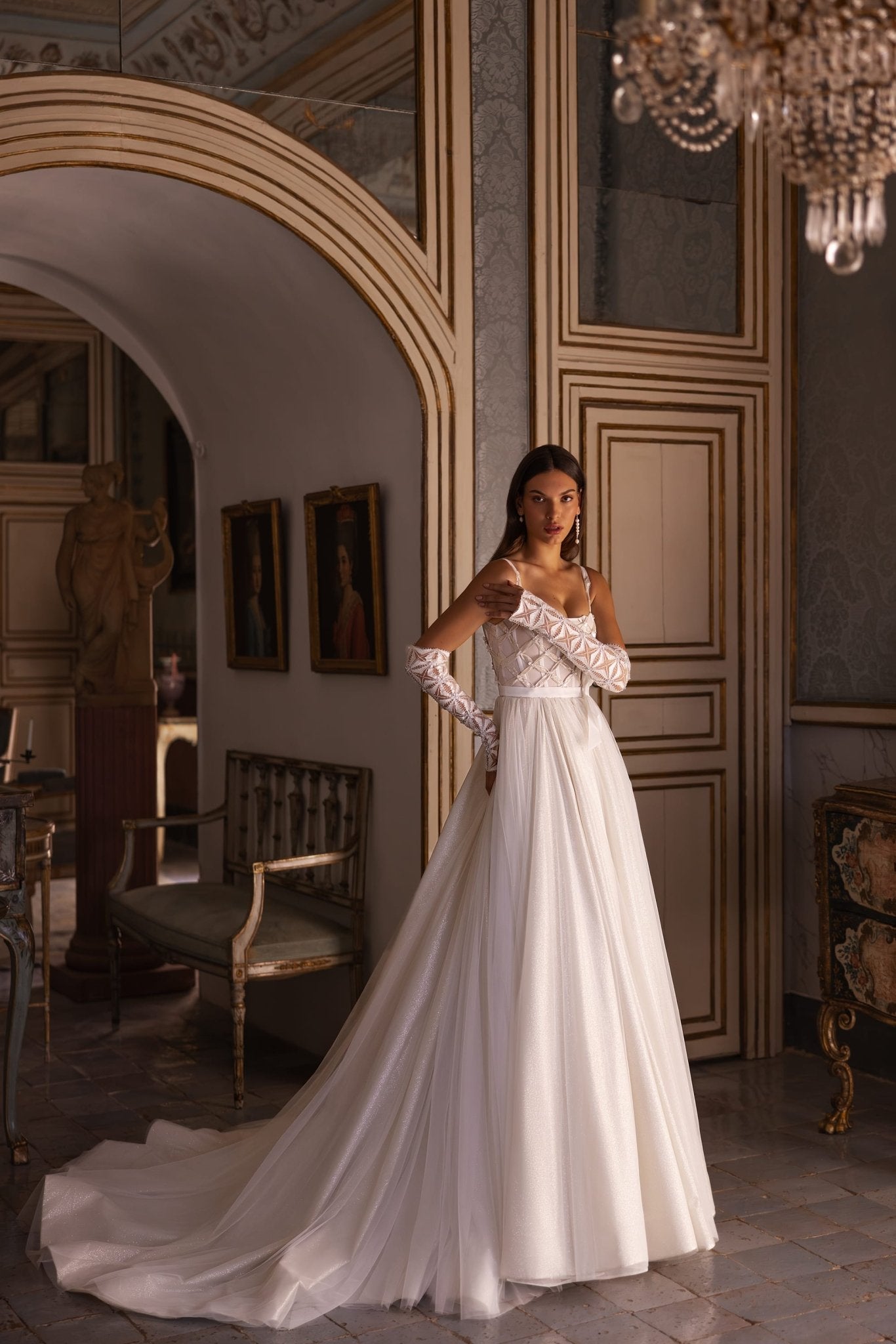 Strap Beaded Corset Wedding Dress with Dramatic Horsehair Braid Train