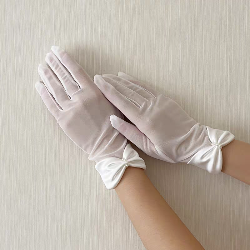 Elegant Sheer Bridal Gloves with Satin Bow and Pearl Detail - Classic Wedding Accessory