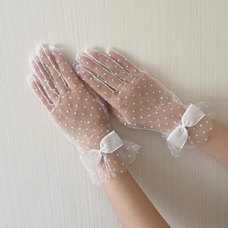 Polka Dot Sheer White Gloves with Bow Detail