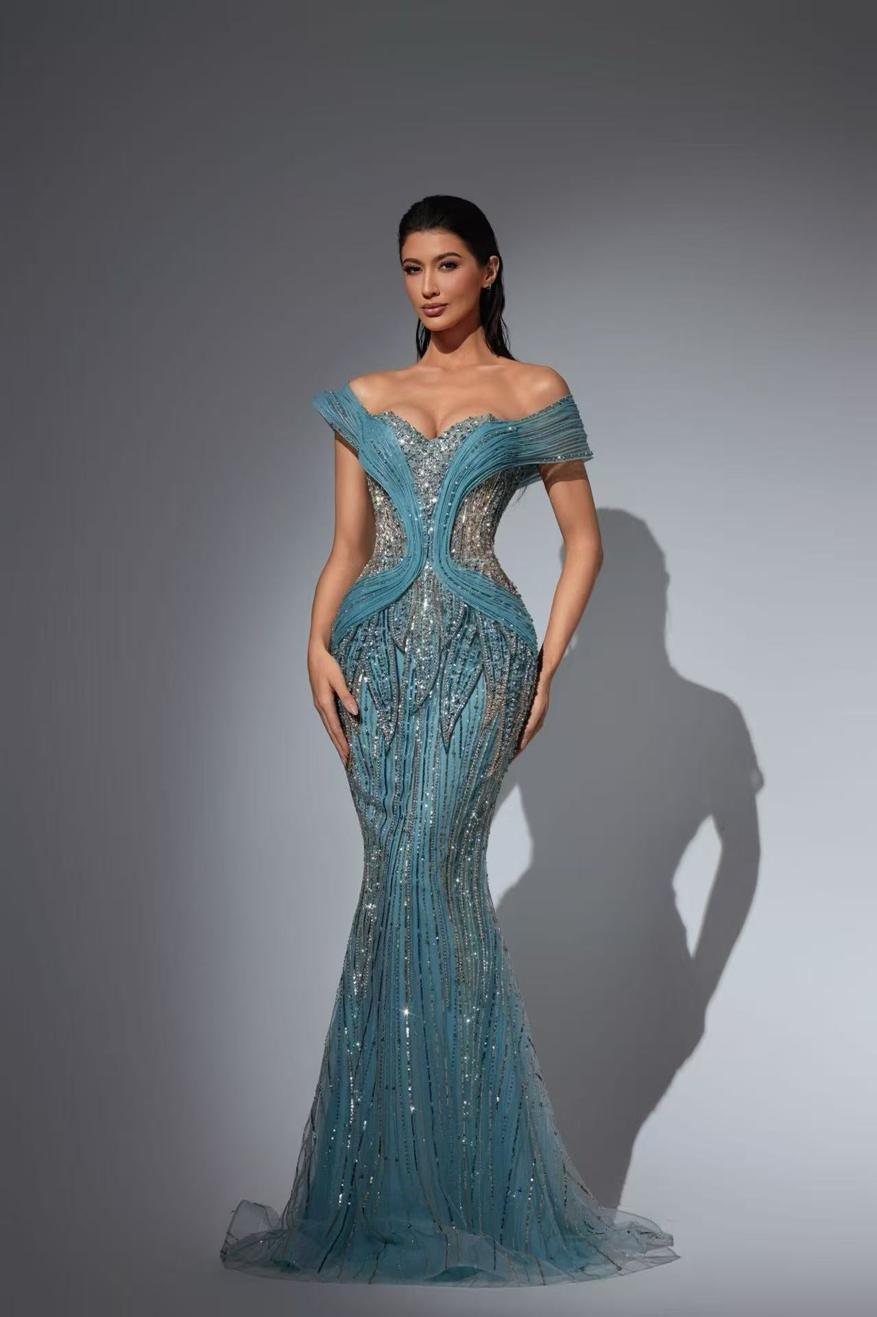 Teal Blue Designer Sequin Gown with Off-Shoulder Design – Illusion Formal Dress Plus Size Size 2 / Blue