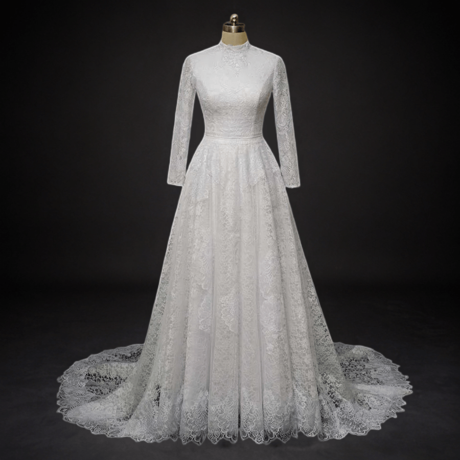 English Modest Lace Wedding Dress with Sleeves