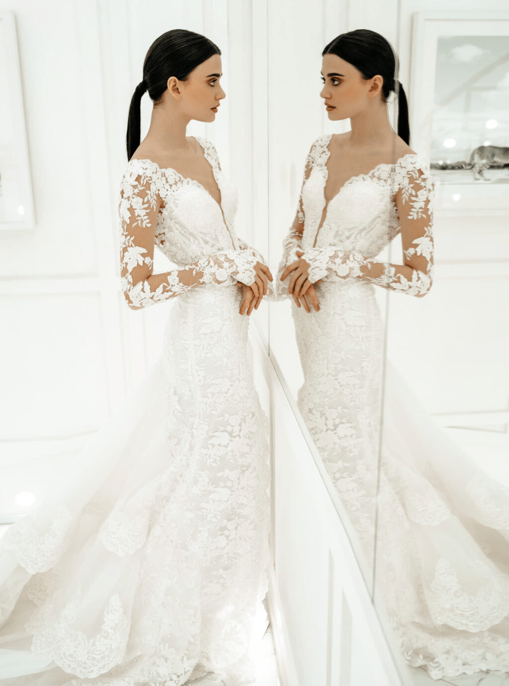 Tulle Mermaid Wedding Gown with High Slit - Floral Applique Dress and Long Sleeves Wedding Dress Plus Size - ROSALIA Size 6 Tulle Mermaid Wedding Gown with High Slit - Floral Applique Dress and Long Sleeves Wedding Dress Plus Size - ROSALIA Size 6