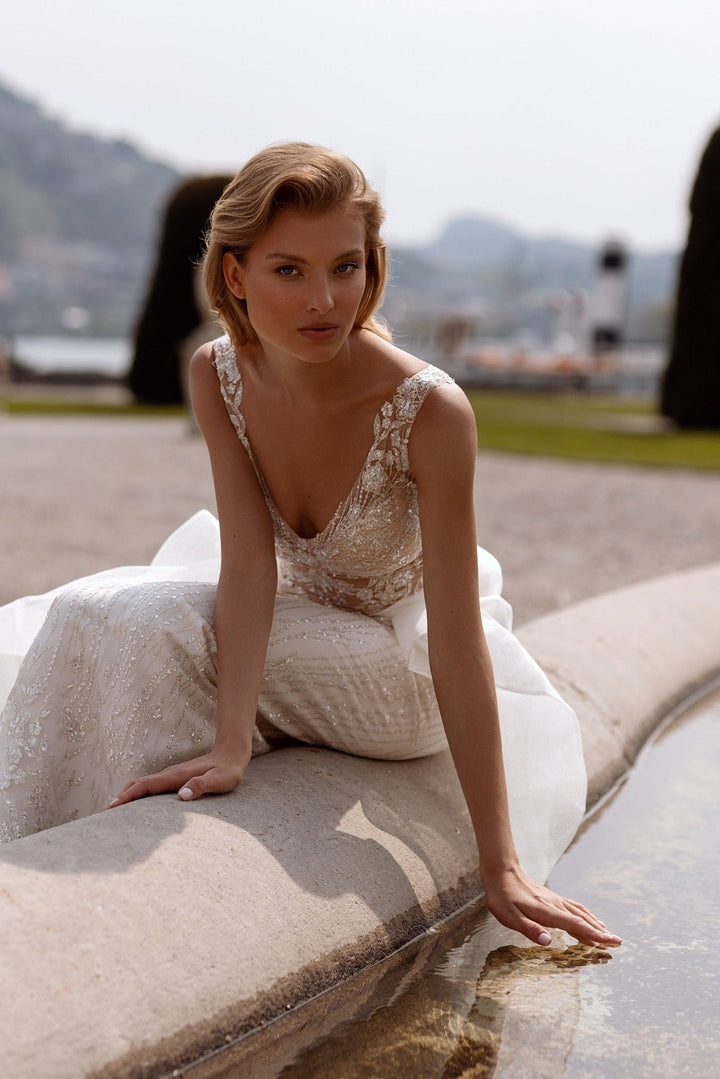Tulle Mermaid Wedding Gown with Train - Sleeveless Wedding Dress with V - Neck - Convertible Wedding Dress Plus Size - WonderlandByLilian