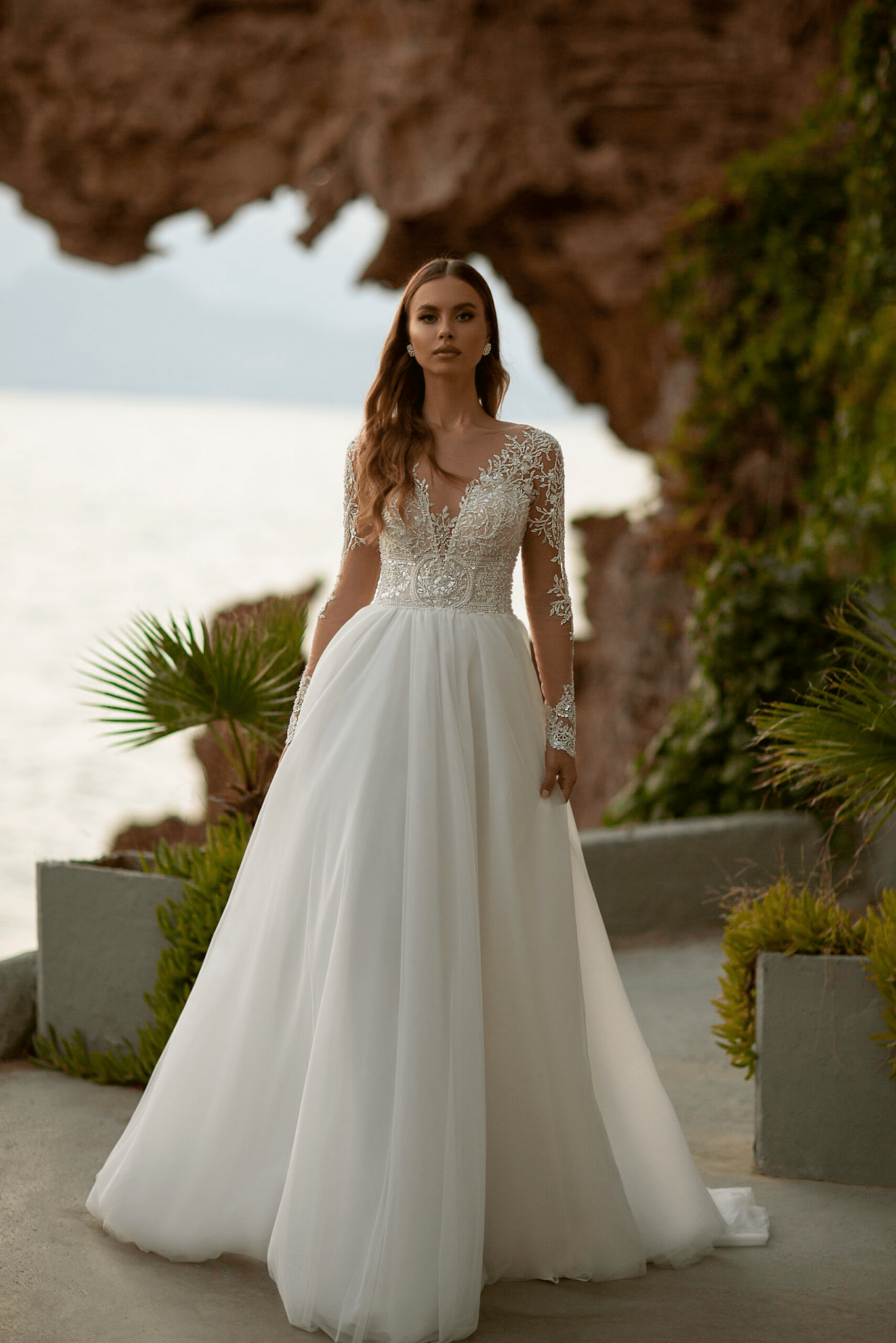 chinese dress ladies Zapaka Women Ivory Wedding Dress with Lace Deep V-Neck Long Sleeves Bridal Dress, Ivory / US16 main image 0