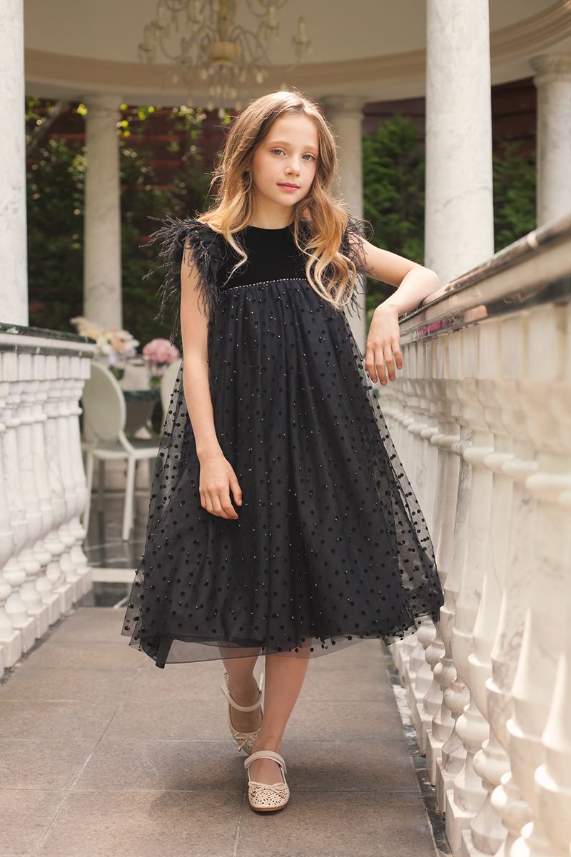 sachin and babi light blue dress Velvet High-Waist Plus Size Girl’s Dress – Elegant Midi Party Gown with Dotted Tulle Skirt and Feather Sleeves for Special Occasions 11-12y
