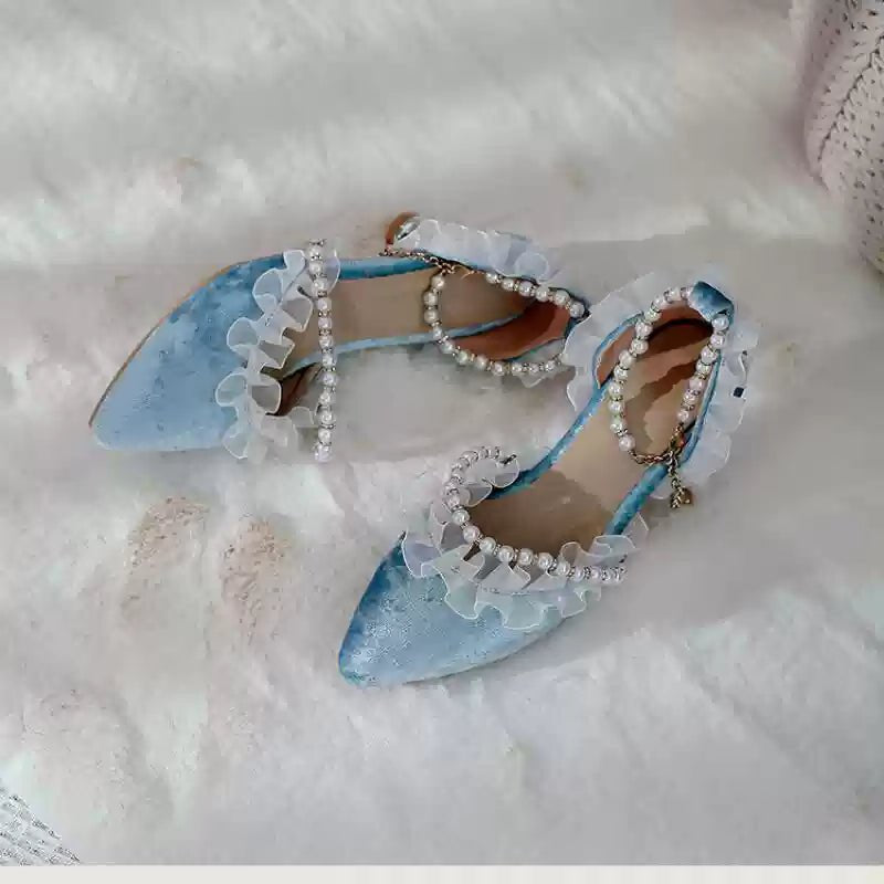 Velvet Vintage Pearl Ankle Strap Heels - Regency Inspired Retro Shoes - WonderlandByLilian
