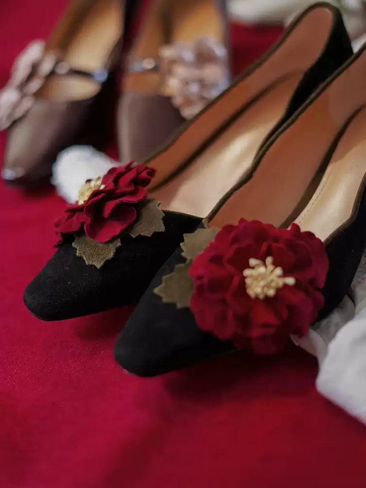 Victorian Black Velvet Floral Heels - Vintage Inspired Shoes - WonderlandByLilian