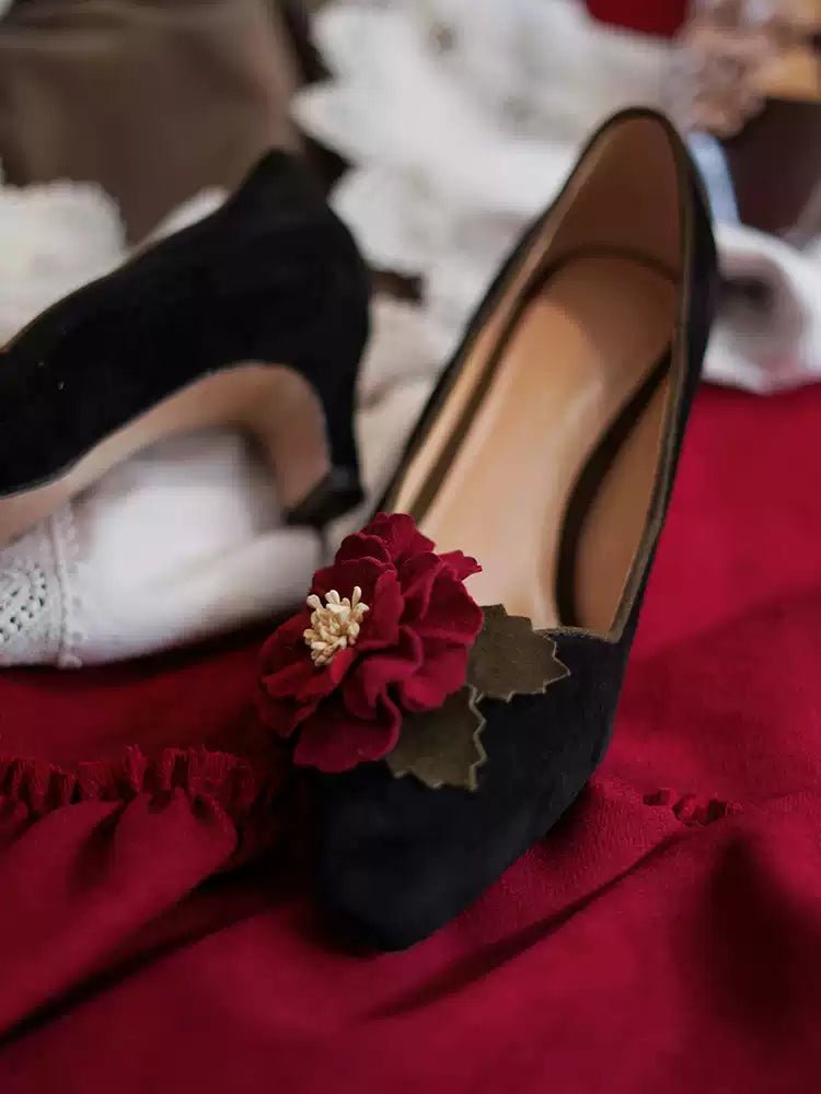 Victorian Black Velvet Floral Heels - Vintage Inspired Shoes - WonderlandByLilian