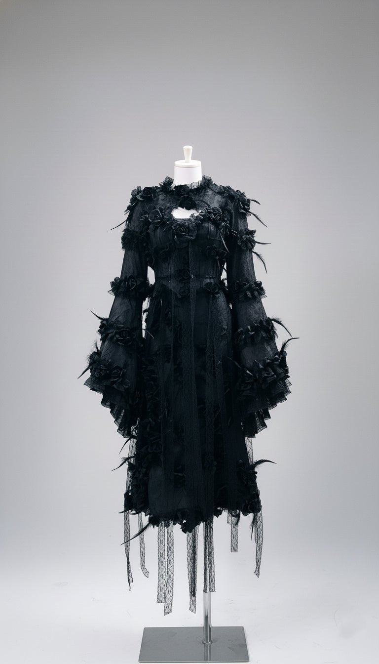 Victorian-Inspired Gothic Black Lace Dress with Rose Appliqué and Bell Sleeves – Gothic Lace Evening Gown Plus Size