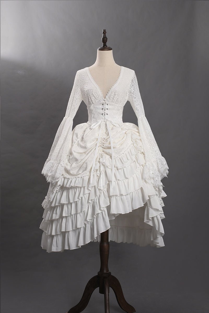 white victorian dress Victorian-Inspired White Lace Corset Dress with Bell Sleeves – Layered Ruffle High-Low Bridal Gown Plus Size Size 16W / White