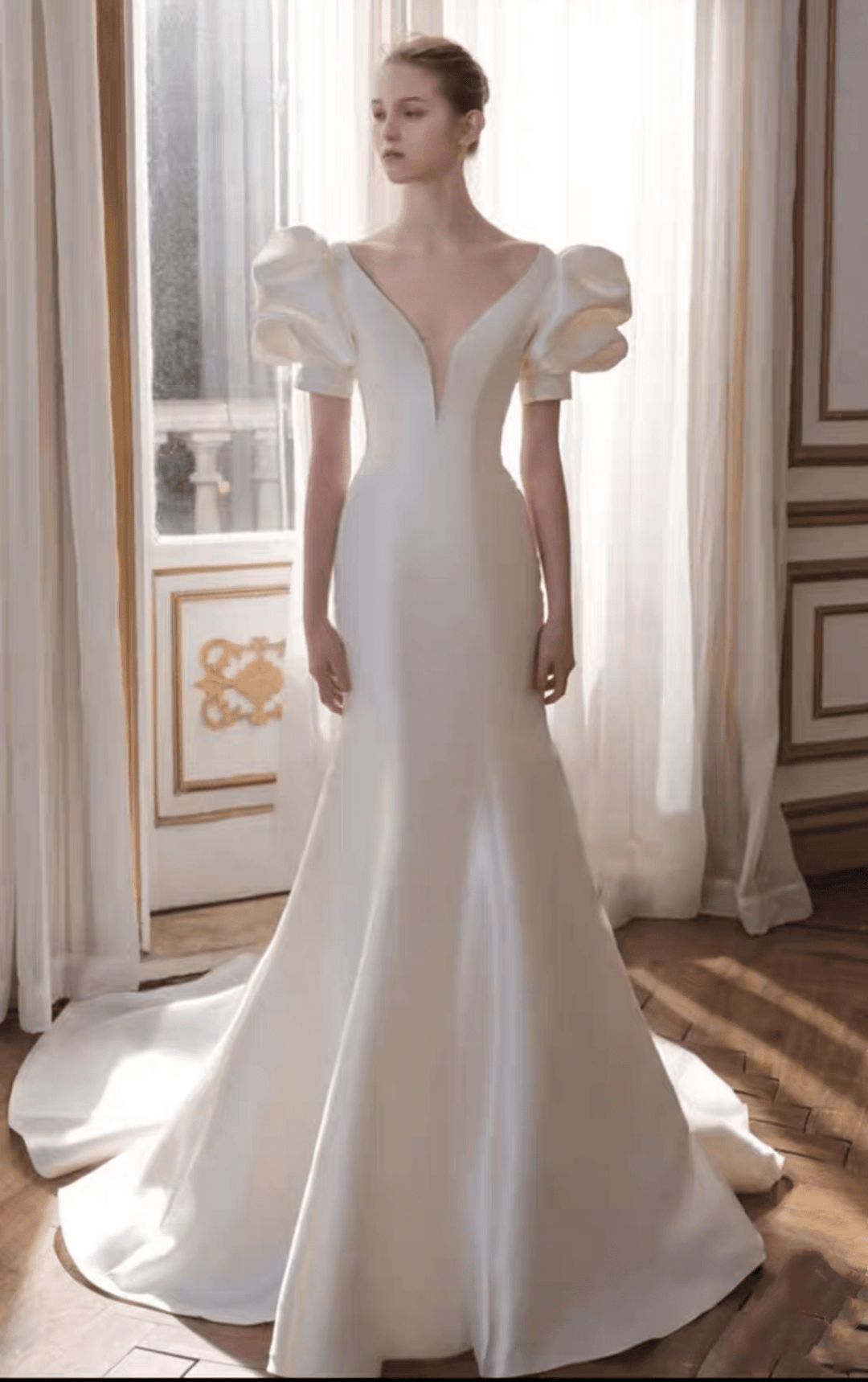 Vintage Classic V-Neck Bubble Sleeve Light Ivory Mermaid Beading Illusion Back Wedding Dress Plus Size - WonderlandByLilian
