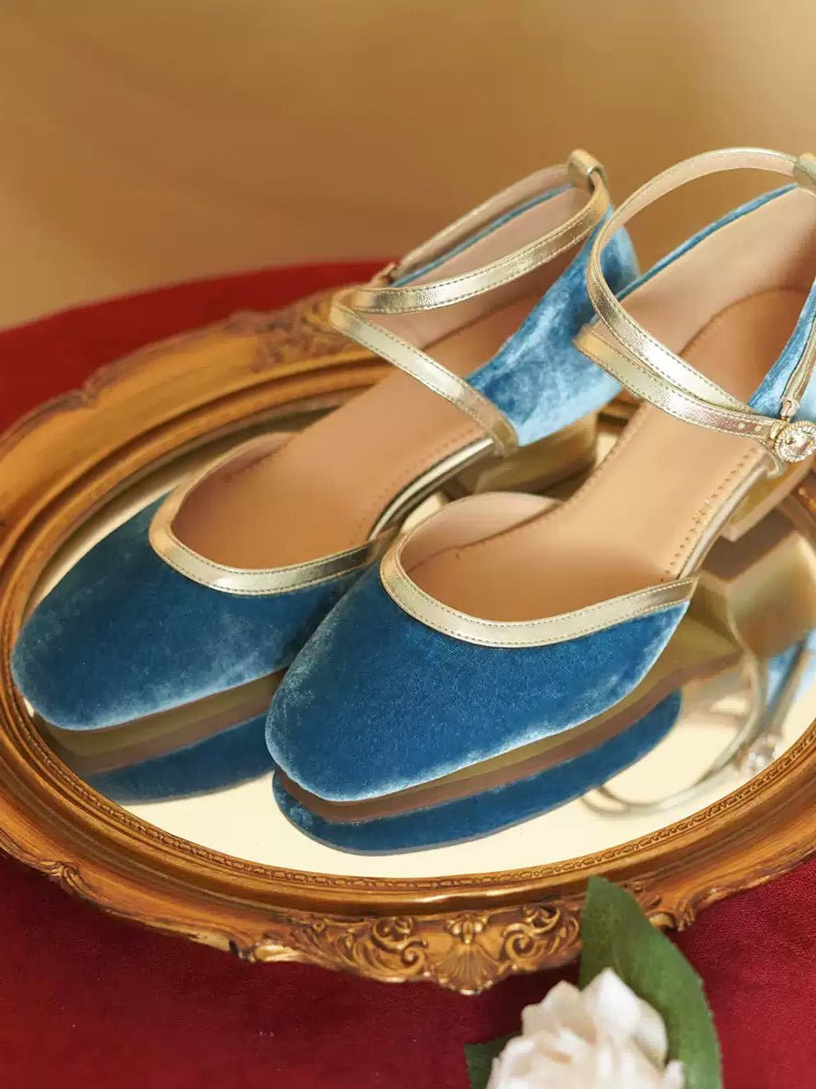 Vintage - Inspired Blue Velvet Mary Jane Shoes with Gold Accents - Retro Mid Heel - WonderlandByLilian