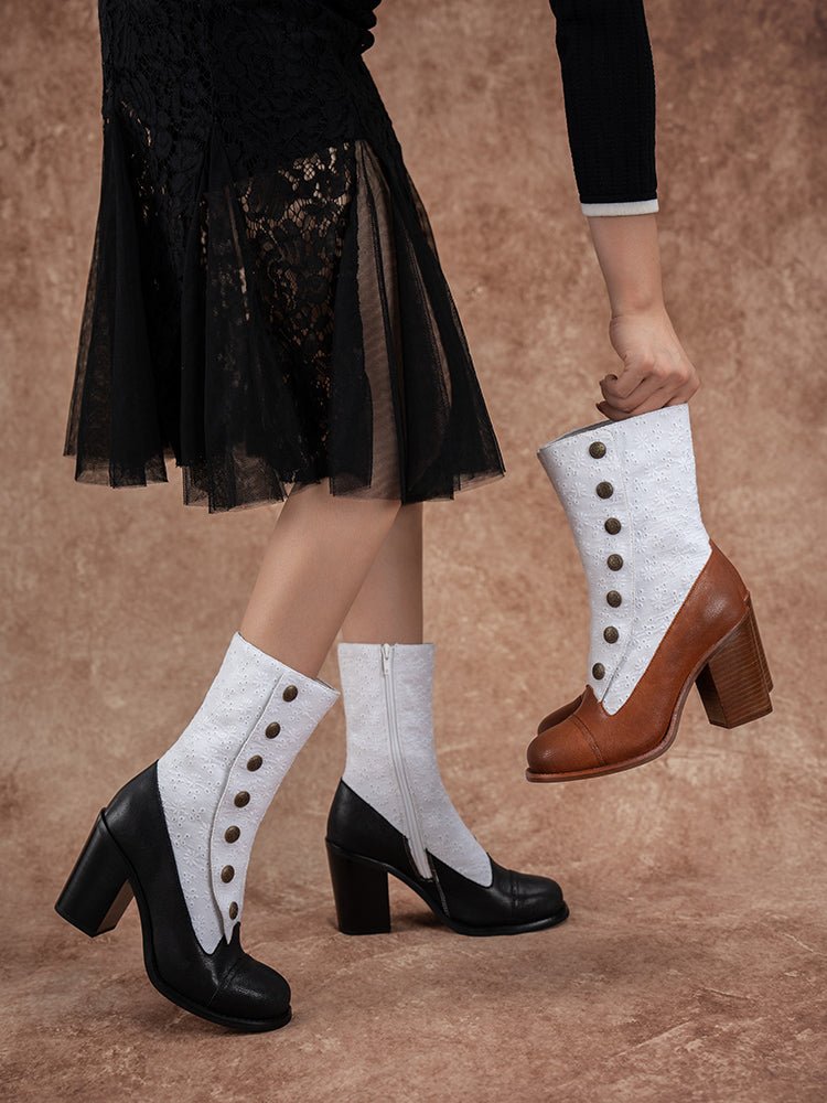 Vintage Lace & Leather Victorian Boots - Floral Patterned Goat Leather - WonderlandByLilian