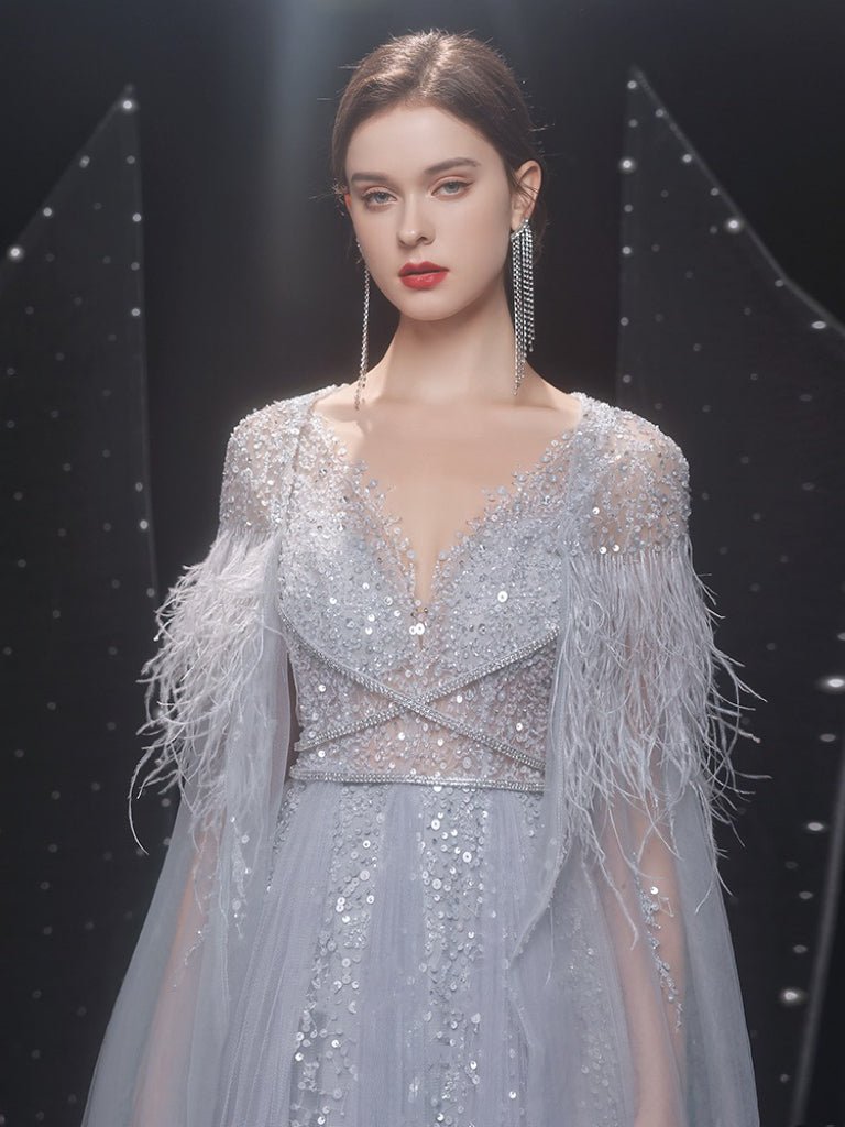 Vintage Luxury Feather Princess Beaded V-Neck A-Line Wedding Dress - Plus Size - WonderlandByLilian