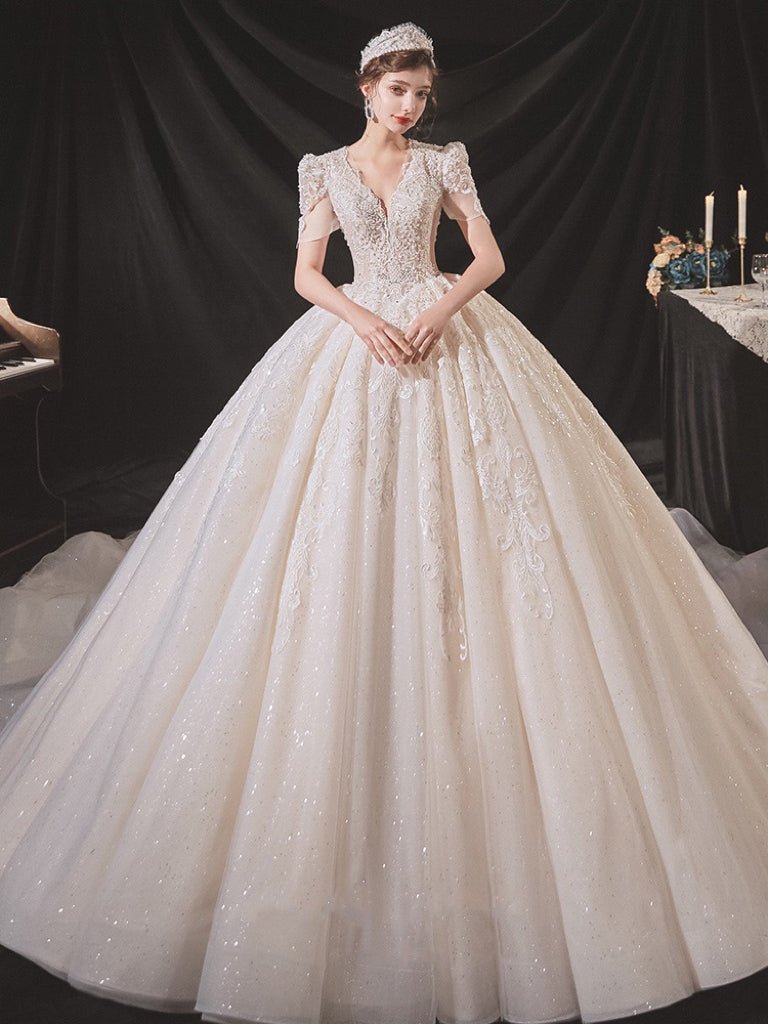Vintage Luxury Princess Ivory A-Line Embroidery Wedding Dress with V Neck - Plus Size Size 0 / with Train Vintage Luxury Princess Ivory A-Line Embroidery Wedding Dress with V Neck - Plus Size Size 0 / with Train