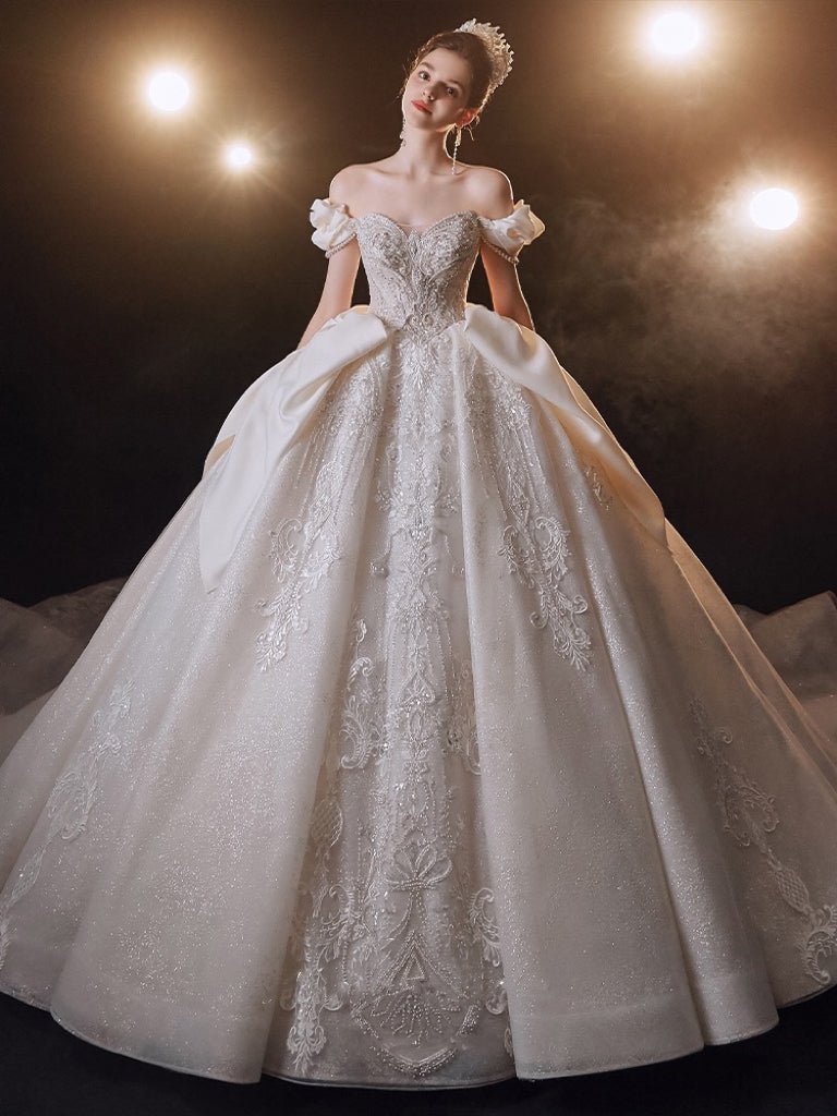 Vintage Luxury Princess Light Ivory A-Line Embroidery Wedding Dress With Off- Shoulder - Plus Size Size 4 / No Train Vintage Luxury Princess Light Ivory A-Line Embroidery Wedding Dress With Off- Shoulder - Plus Size Size 4 / No Train