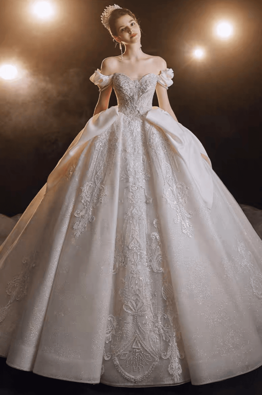 Vintage Luxury Princess Light Ivory A-Line Embroidery Wedding Dress With Off- Shoulder - Plus Size - WonderlandByLilian