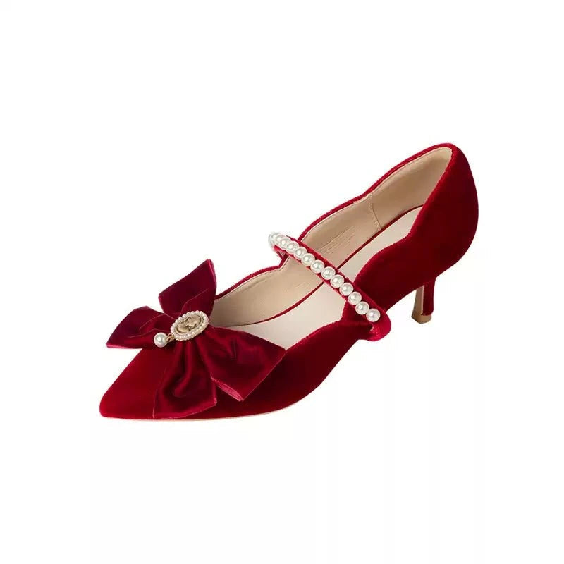 Vintage Velvet Mary Jane Heels with Pearl Strap and Bow - Regency Era Inspired Shoes - WonderlandByLilian