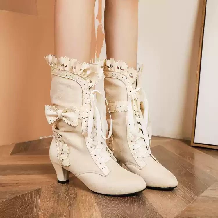 Vintage Victorian Lace - Up Ankle Boots with Bow Detail - Retro Shoes - WonderlandByLilian