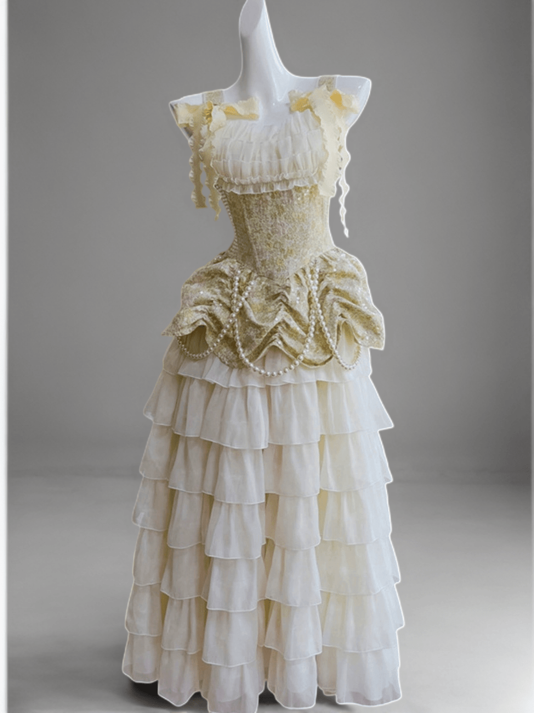 Vintage Yellow and Cream Layered Tulle Ruffle Dress - Corset Back Evening Gown with Lace Plus Size - WonderlandByLilian