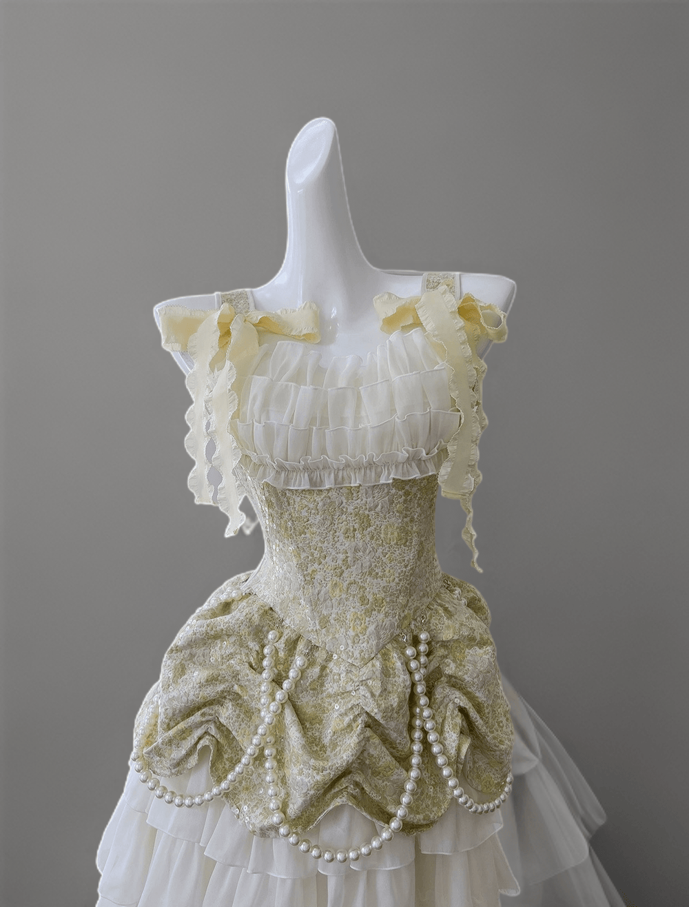 Vintage Yellow and Cream Layered Tulle Ruffle Dress - Corset Back Evening Gown with Lace Plus Size - WonderlandByLilian