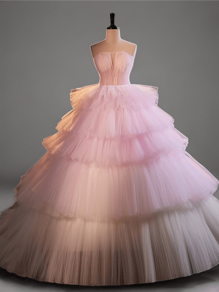 strapless open back dress White and Pink Tiered Tulle Evening Dress