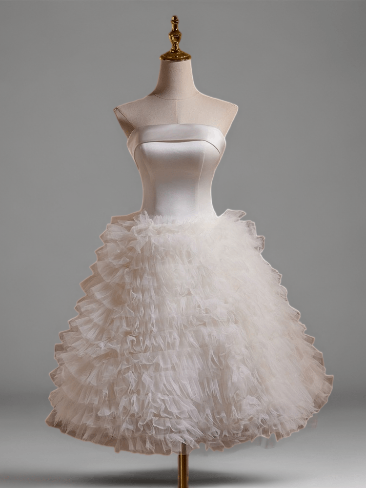 White Layered Tulle Ruffle Dress and Strapless Tea Length Bridal Dress