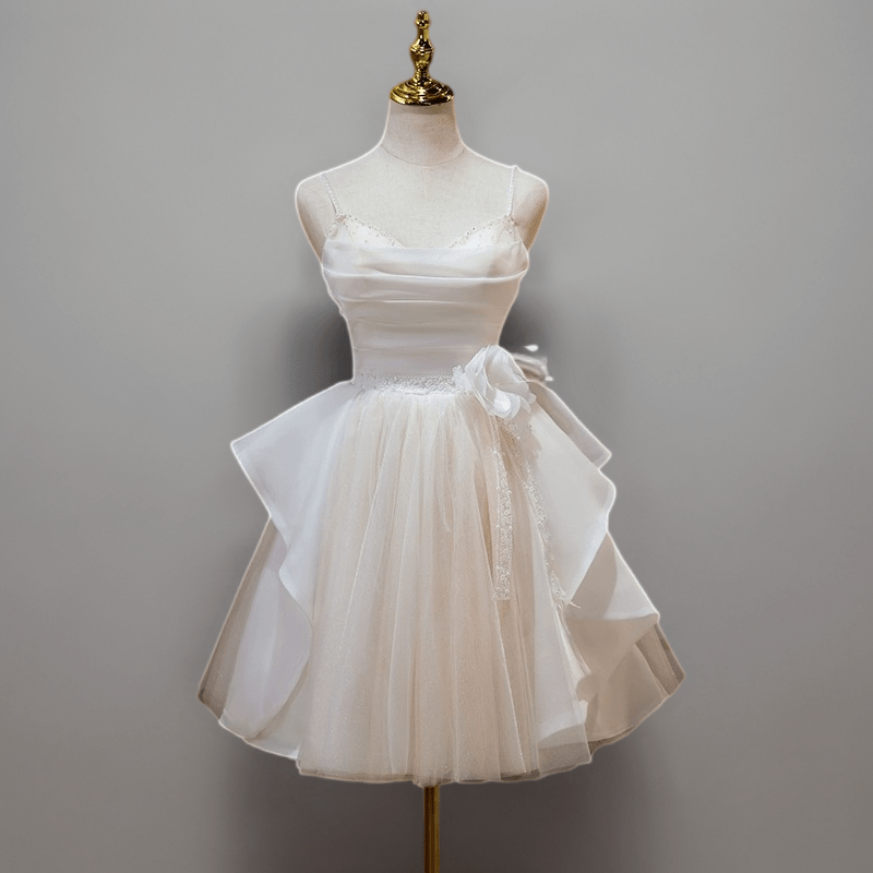 White Satin and Tulle Short Wedding Party Dress